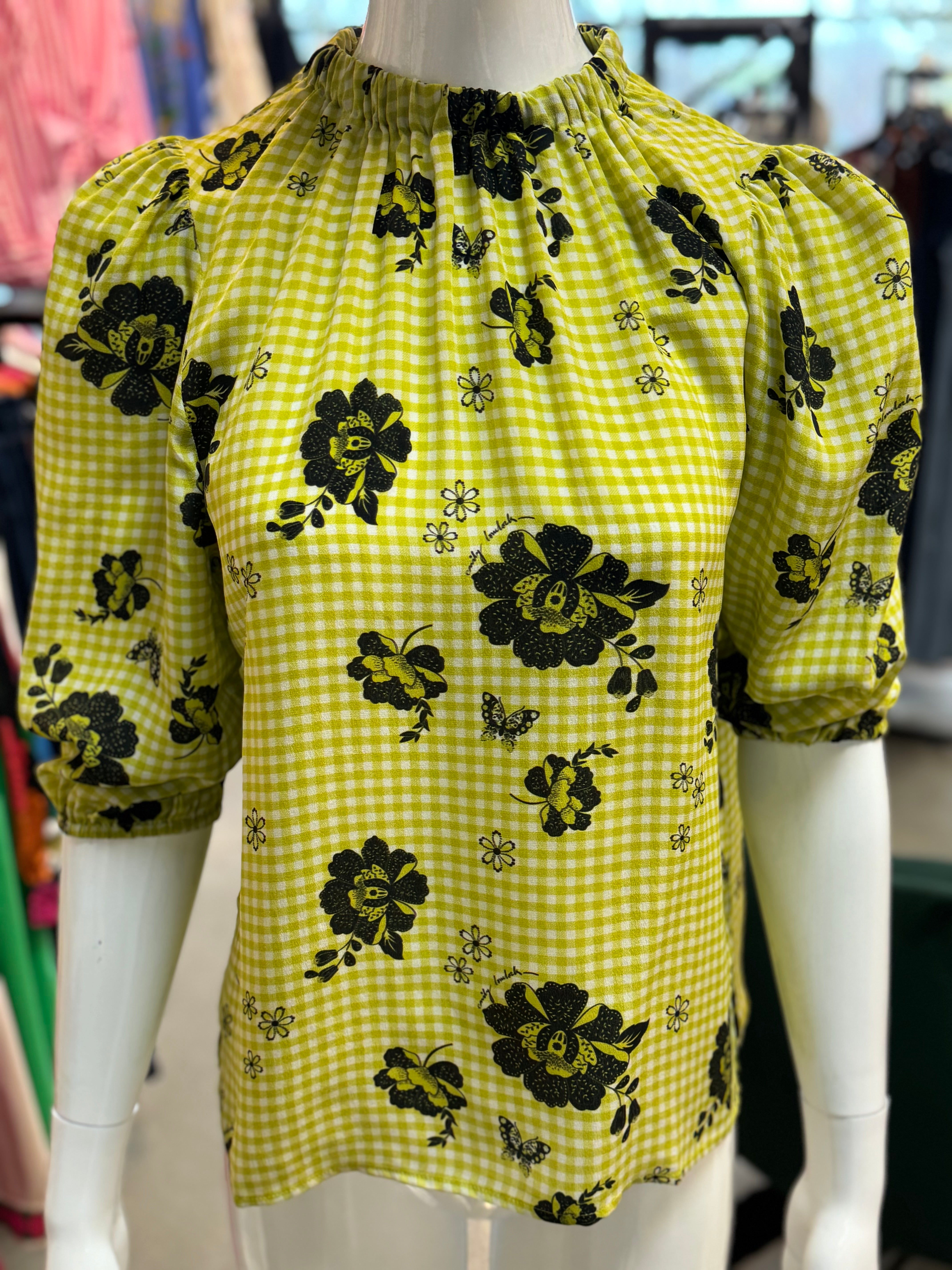 Emily Lovelock - Puff Sleeve Top / Lime Green Gingham