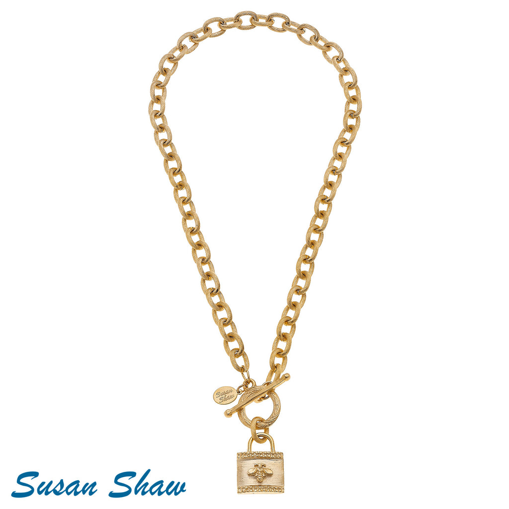 Susan Shaw - Handcast Gold Bee Lock on Chain Toggle Necklace