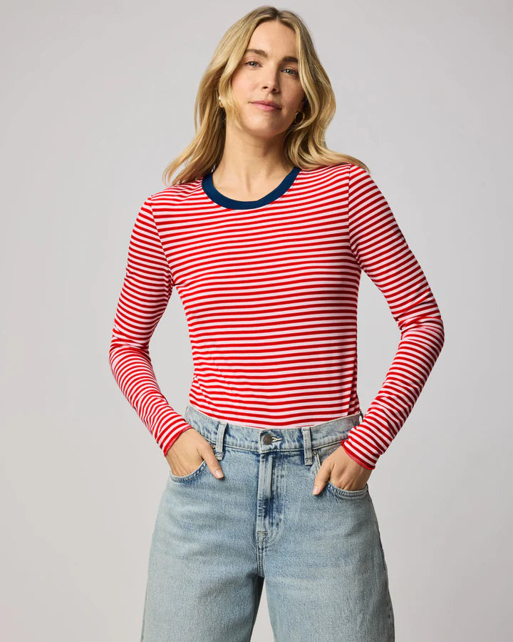 Splendid -Striped Bamboo Long Sleeve Tee / Navy and Rouge
