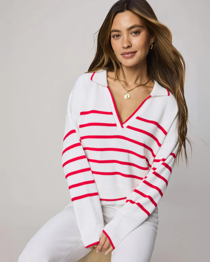 Splendid - Arden Striped Polo Sweater / White and Rouge