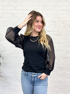 Sanctuary - Organza Sleeve Mixed Media Top / Black