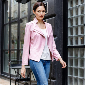 Clara Sunwoo - Classic Liquid "Leather" Knit Moto Jacket / Pink