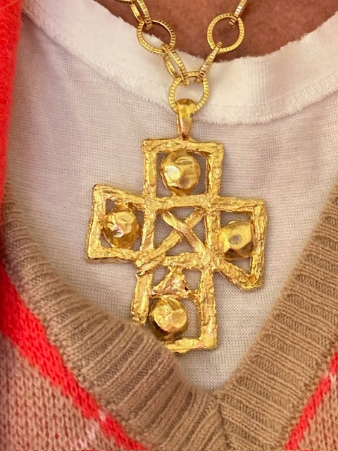 Susan Shaw -Handcast Gold Arty Cross Necklace