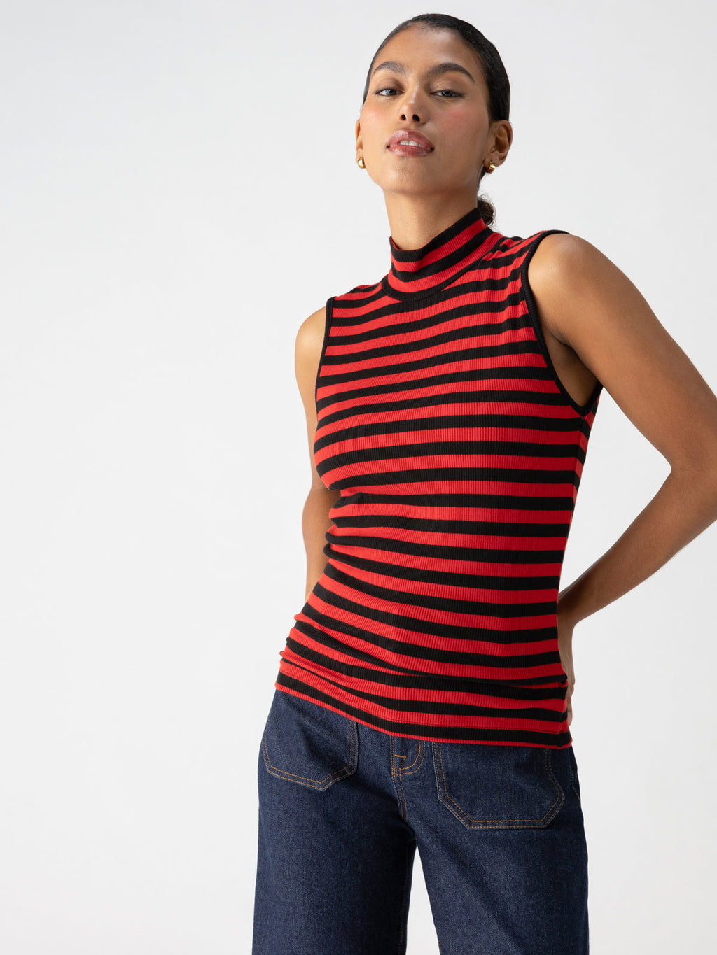 Sanctuary - Essential Sleeveless Mock Neck / Black Cherry Red Stripe