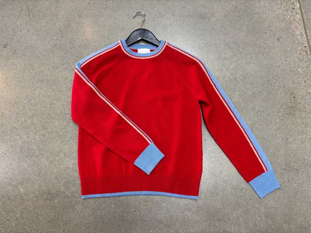 Brodie - Striped Sleeve Mini Cashmere Sweater / Red