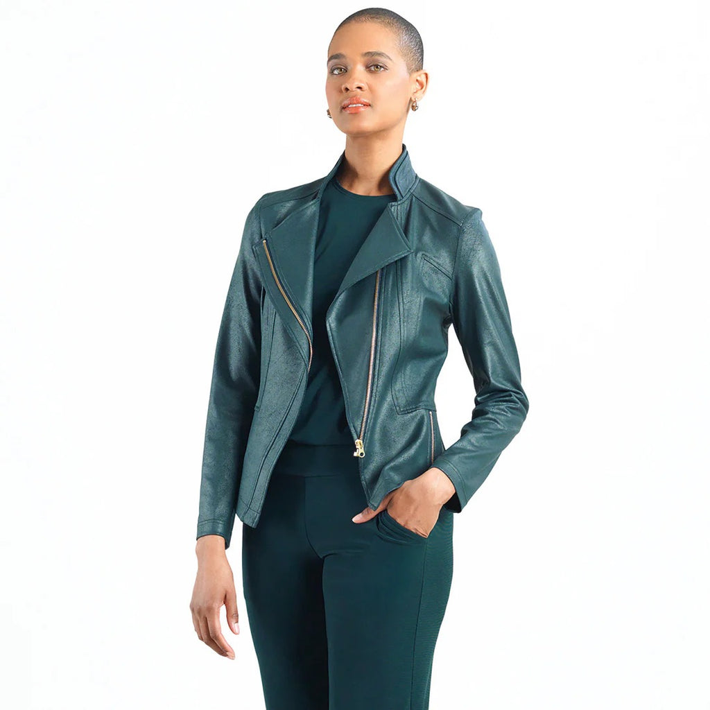 Clara Sunwoo - Liquid Faux Leather Moto Jacket / Hunter Green