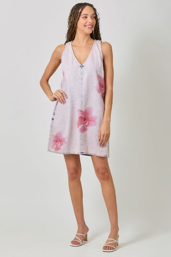 Mystree - Floral Printed Denim Shift Dress / Rose Haze