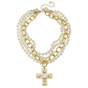 Susan Shaw - Pearl Cross Multi-Strand Pearl Necklace / Gold