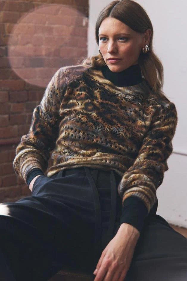 Autumn Cashmere - Animal Print Pointelle Crew / Neutral Combo