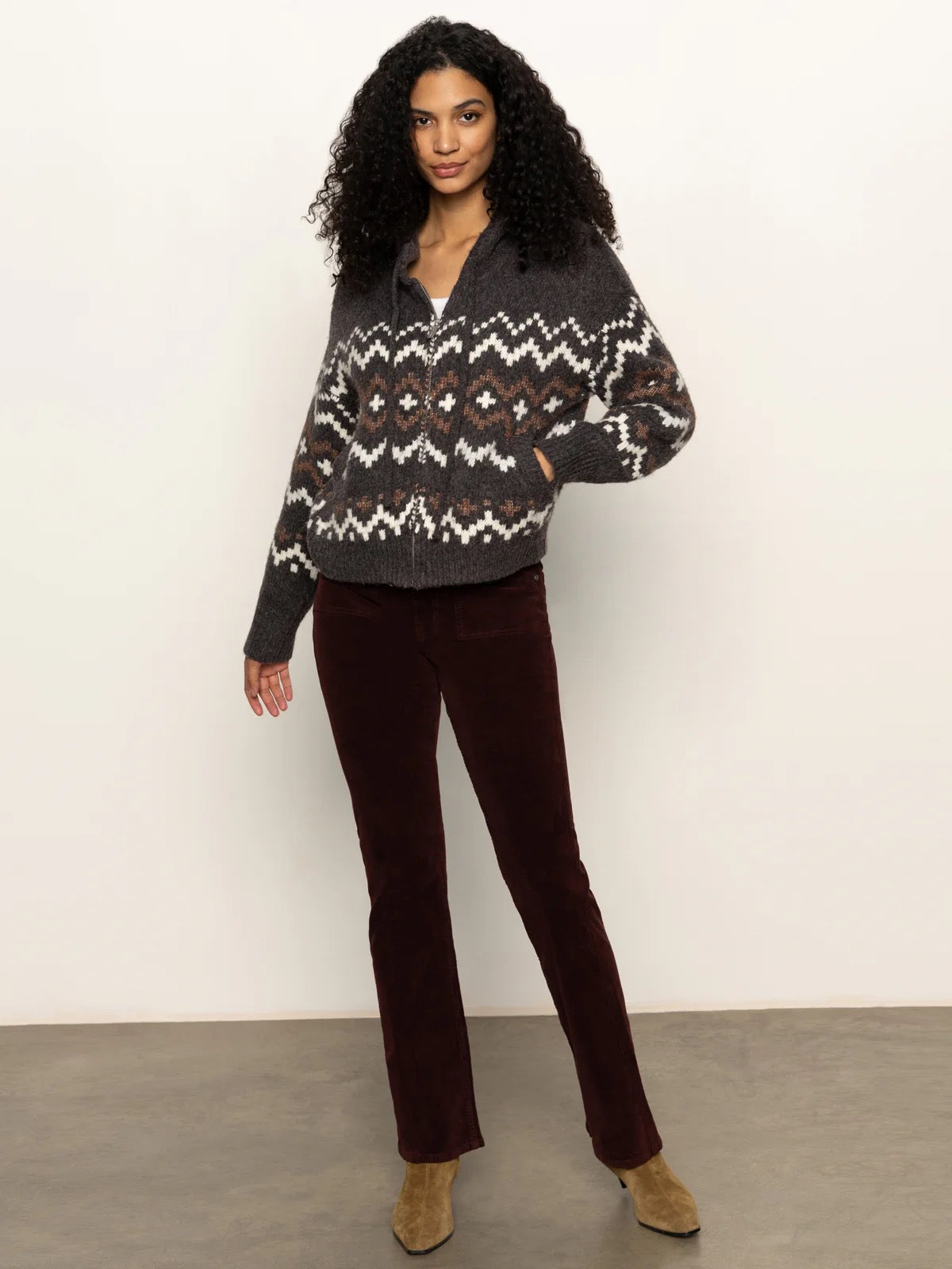 Sanctuary - Zip-up Fairisle Hoodie / Mocha