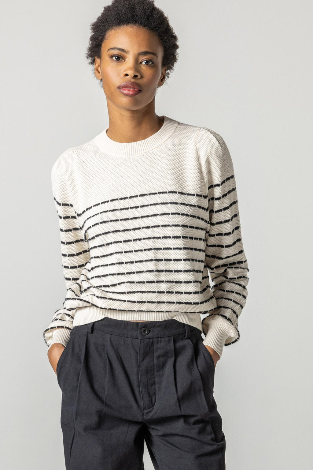 Lilla P - Full Sleeve Crewneck Sweater / Ivory w/ Black Stripe / FINAL SALE