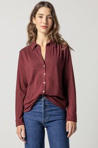 Lilla P - Long Sleeve Button Down Tee / Merlot