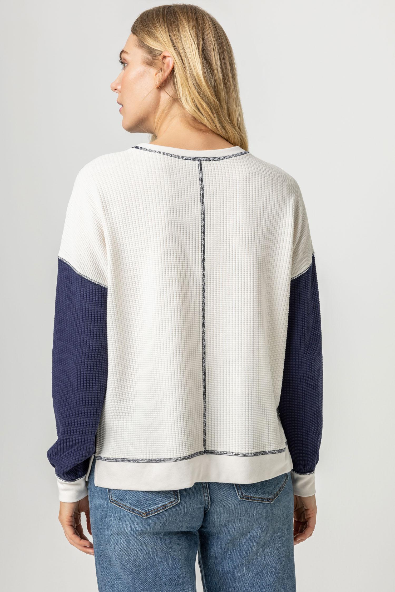 Lilla P - Two-Toned Waffle Sweatshirt / Navy/Ecru