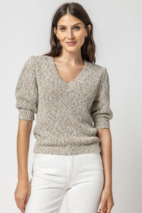 Lilla P - Elbow Sleeve V-Neck Sweater / Multi-Fleck