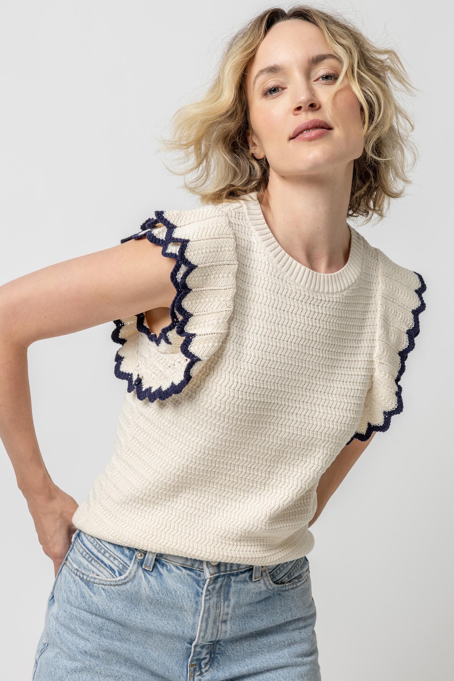 Lilla P - Tipped Sleeve Crewneck Sweater / Ivory