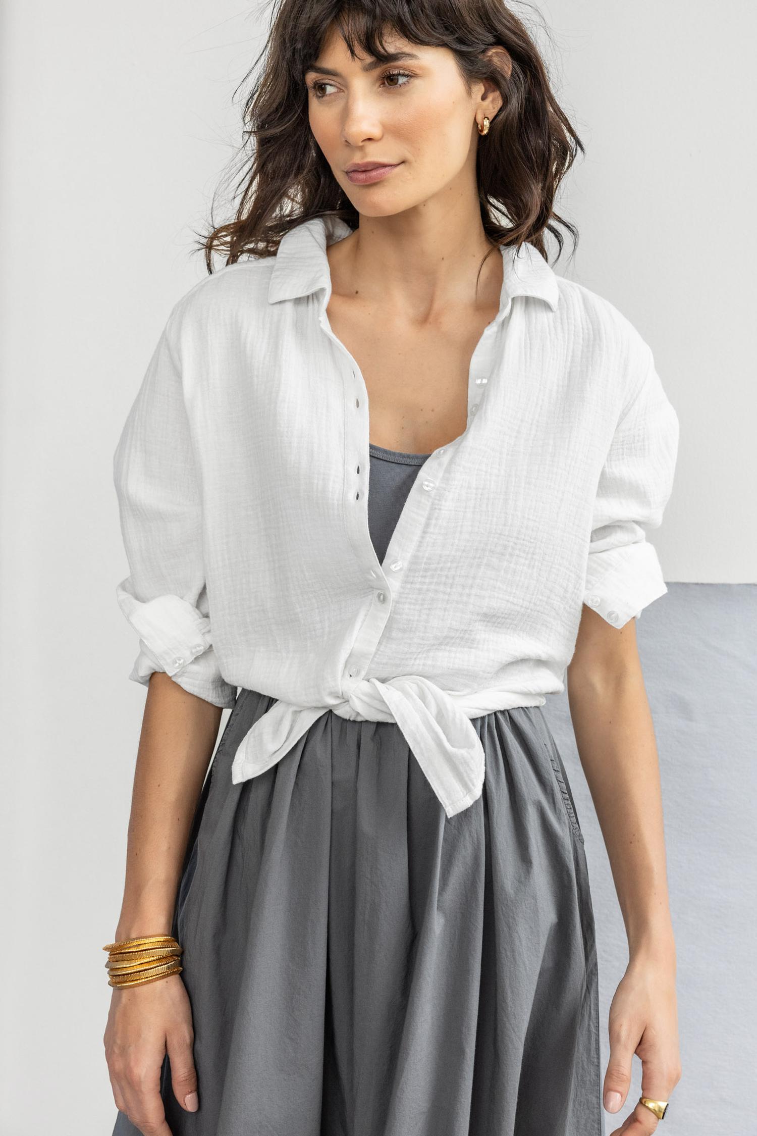 Lilla P - Long Sleeve Gauze Button Down / White