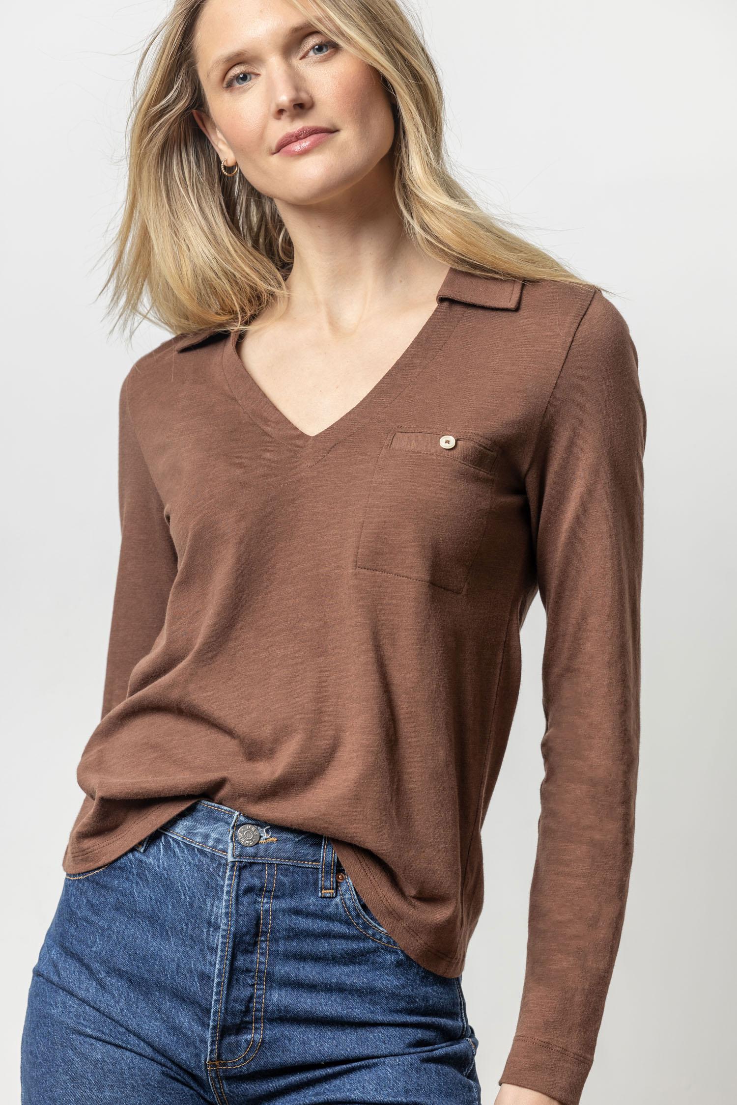 Lilla P - Long Sleeve Collared V-Neck / Java