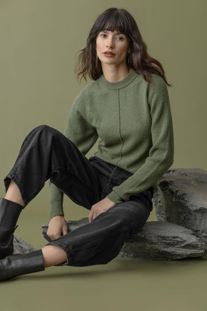 Lilla P - Rib Sleeve Crewneck Sweater / Wintergreen