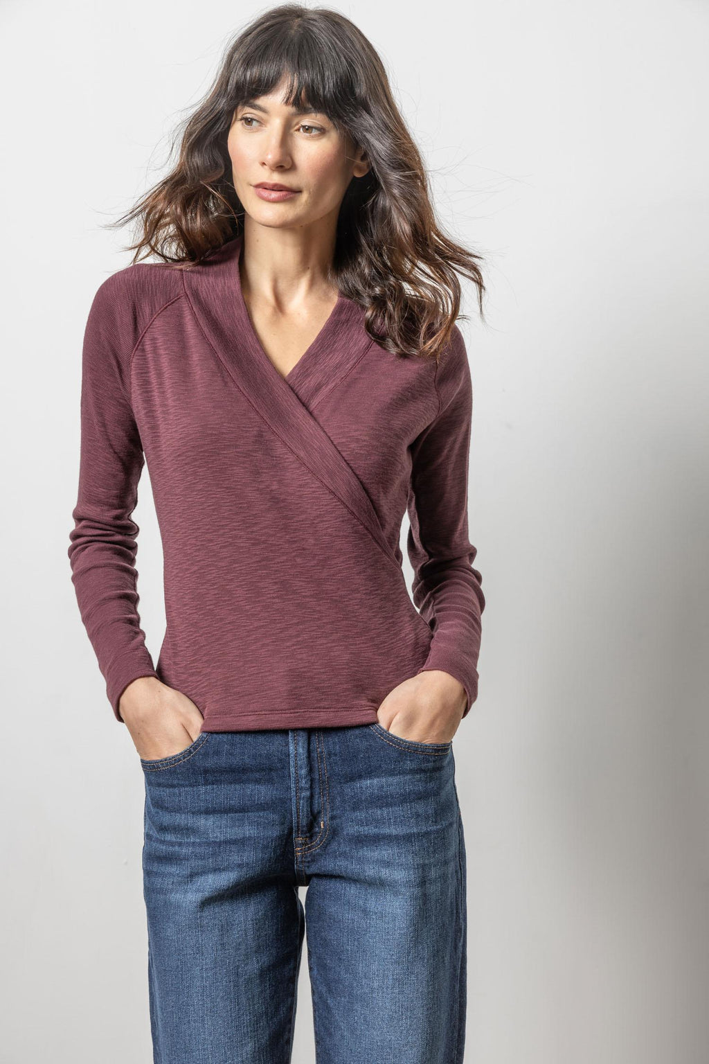 Lilla P - Shawl Collar Faux Wrap Top / Wine