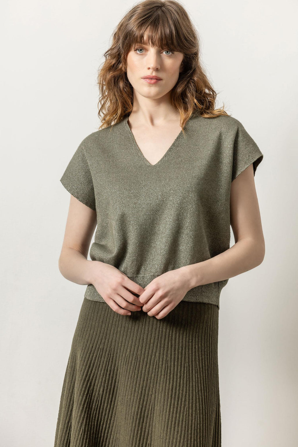 Lilla P - Metallic V-Neck Sweater / Loden Sparkle