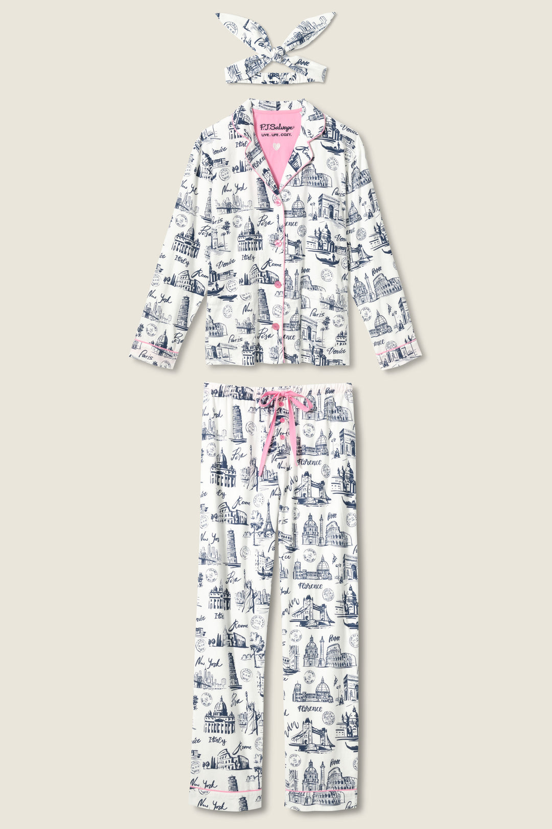 PJ Salvage - Bon Voyage Travel Print Flannel Set / White Cloud