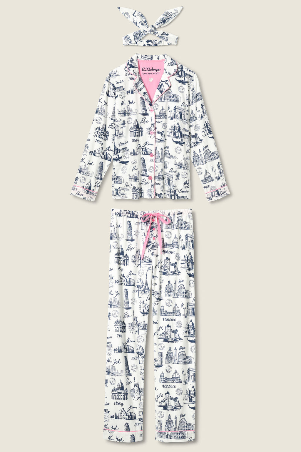 PJ Salvage - Bon Voyage Travel Print Flannel Set / White Cloud