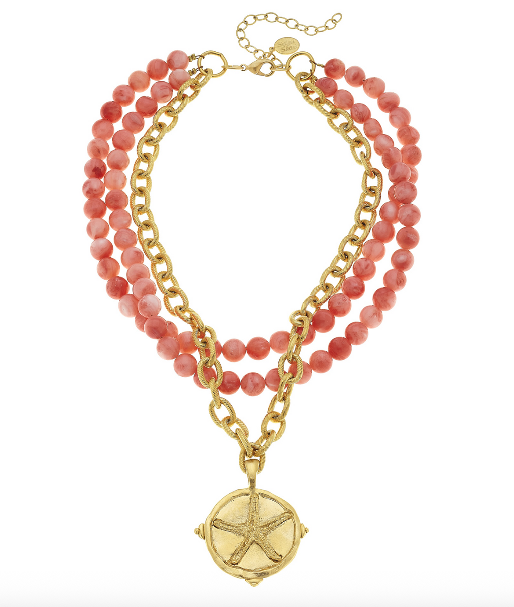 Susan Shaw - Gold Starfish 3-Row Real Pink Coral Necklace