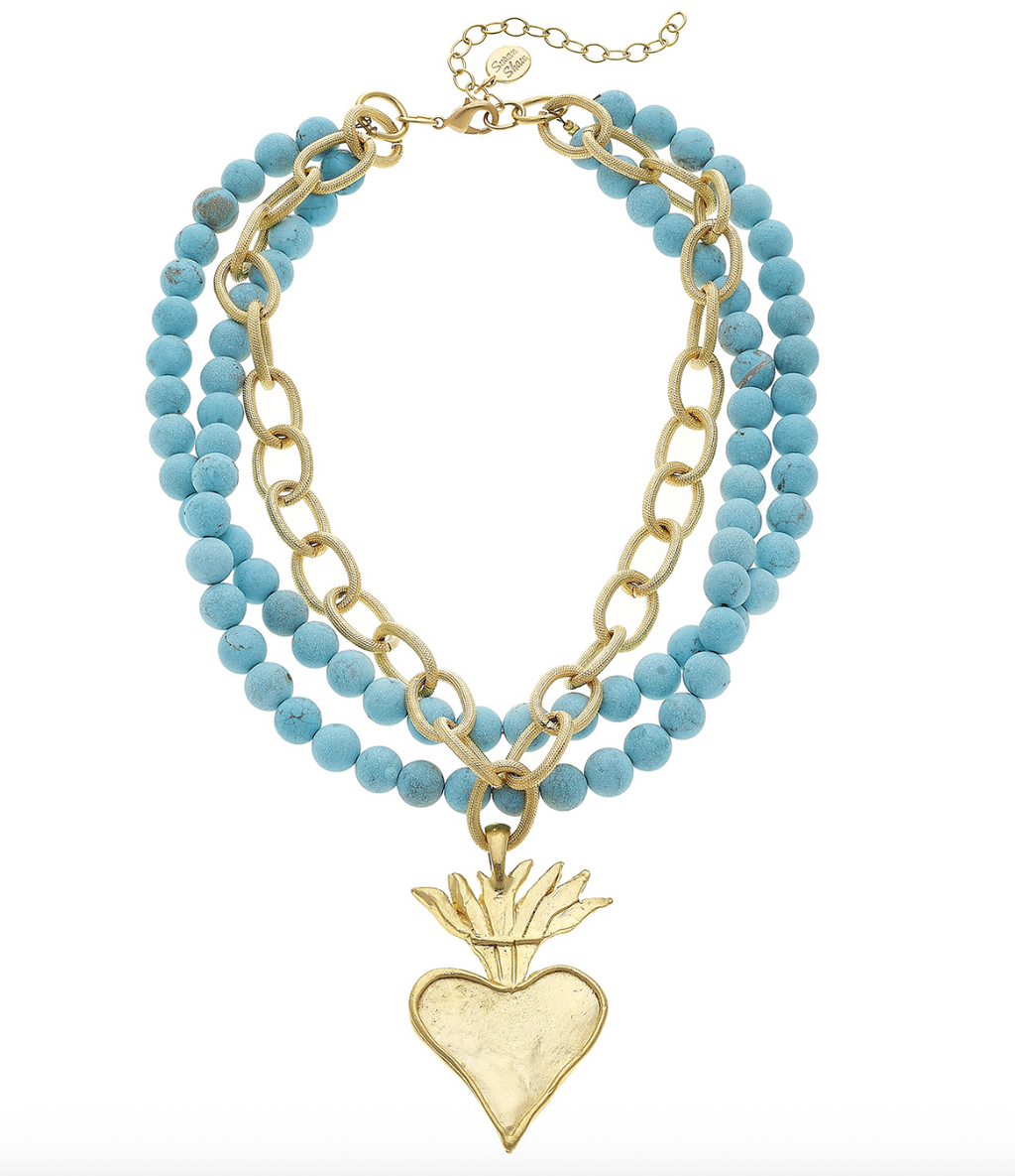 Susan Shaw - Handcast Gold Flaming Heart & 3-Row Matte Turquoise Necklace