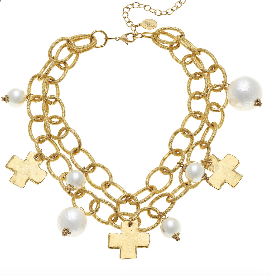 Susan Shaw - Handcast Gold Cross and Cotton Pearl Necklace