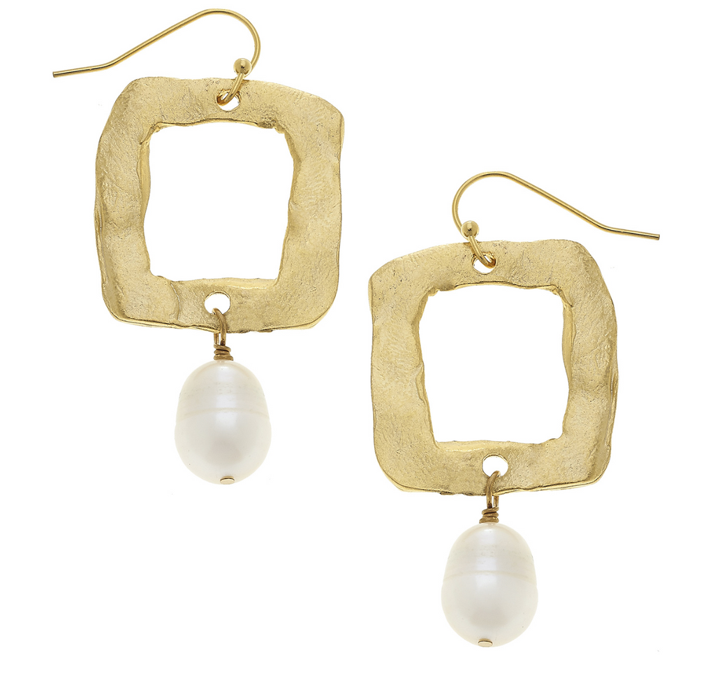 Susan Shaw -Handcast Gold Open Square and Genuine Freshwater Pearl Earrings