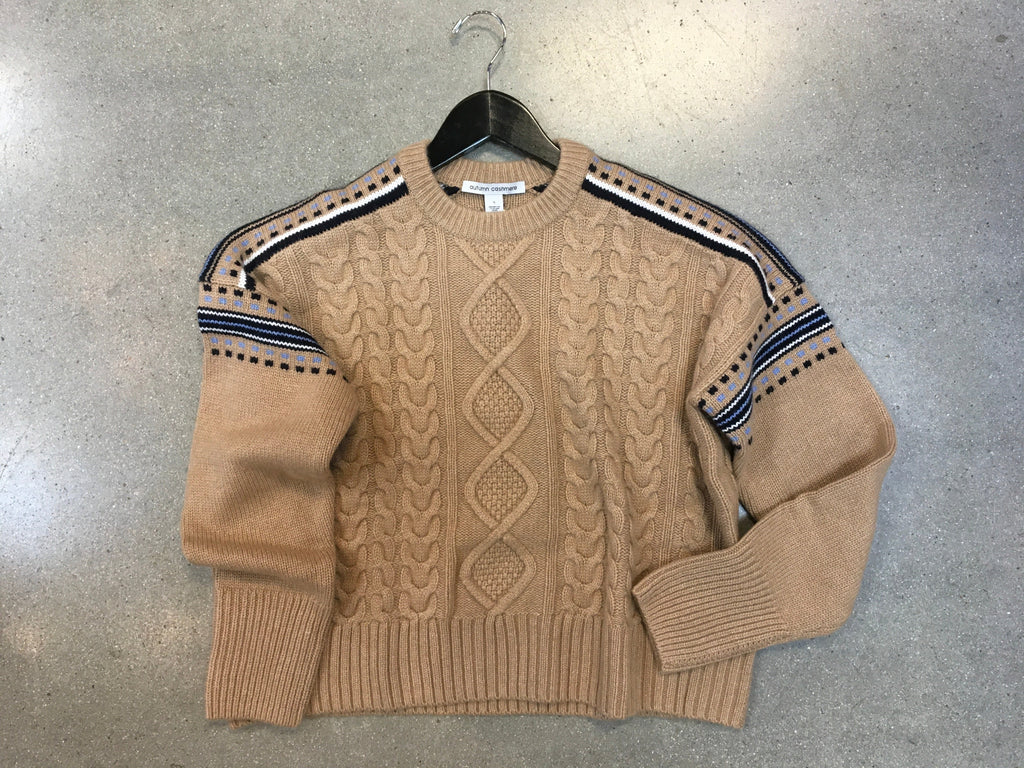 Autumn Cashmere - Cabled Crew W/Fair Isle Stripe/Camel Combo