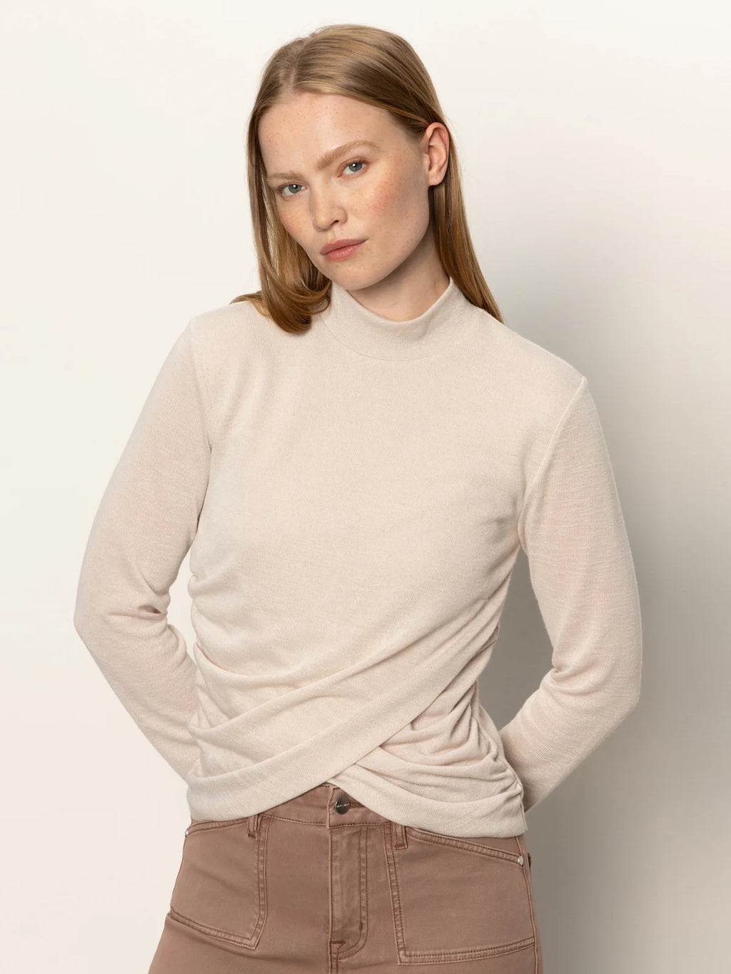 Sanctuary - Long Sleeve Draped Mock Neck / Mother of Pearl