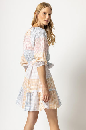 Lilla P - 3/4 Sleeve Button Down Peplum Dress / Abstract Check Print