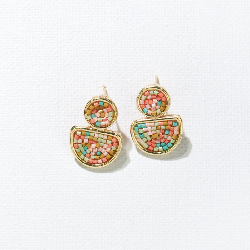 Ink + Alloy - Brass Half Circle Post Earrings / Coral Mint Confetti