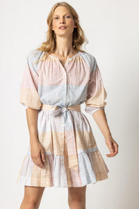 Lilla P - 3/4 Sleeve Button Down Peplum Dress / Abstract Check Print