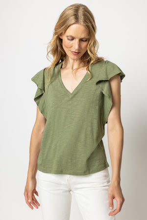 Lilla P - Flutter Sleeve V-neck / Glass / Olive