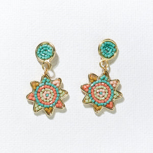 Ink + Alloy - Small Dot and Flower Brass Beaded Earrings / Coral Mint