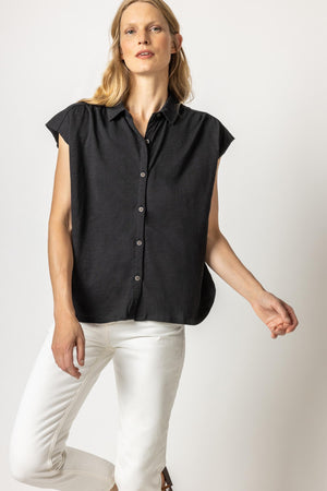 Lilla P - Short Sleeve Button Front / Black