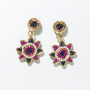 Ink + Alloy - Small Dot and Brass Beaded Earrings / Navy Magenta